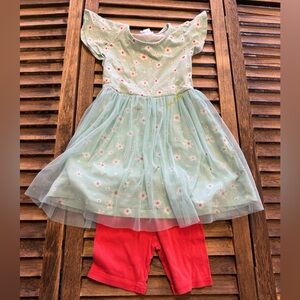 Hanna Andersson Mint Green Tulle Floral Dress with Coral Short - Play Size 4